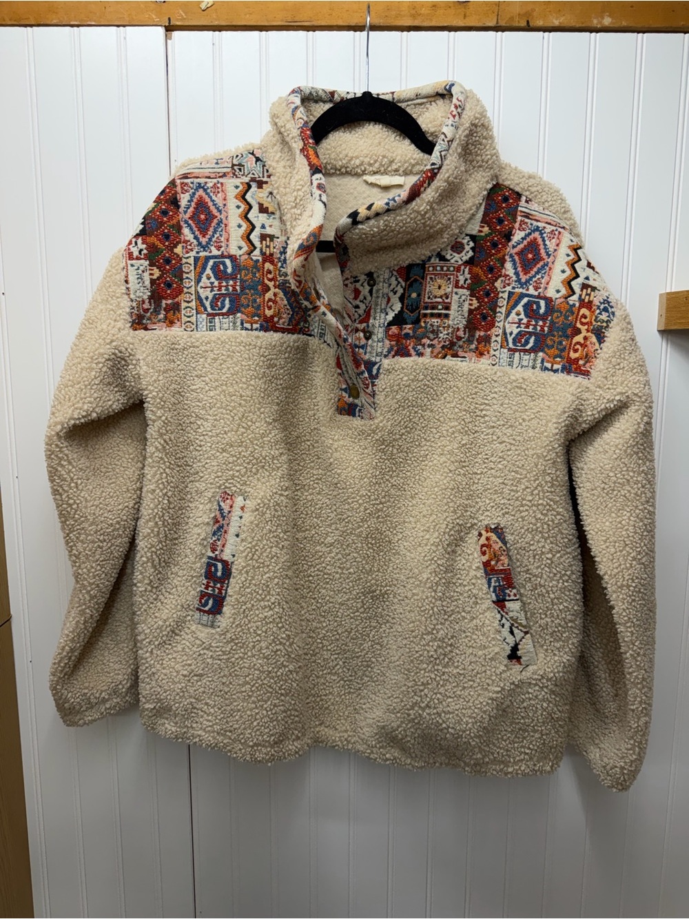 Mystree Cream Sherpa Zip Pullover with Multicolor Aztec Trim